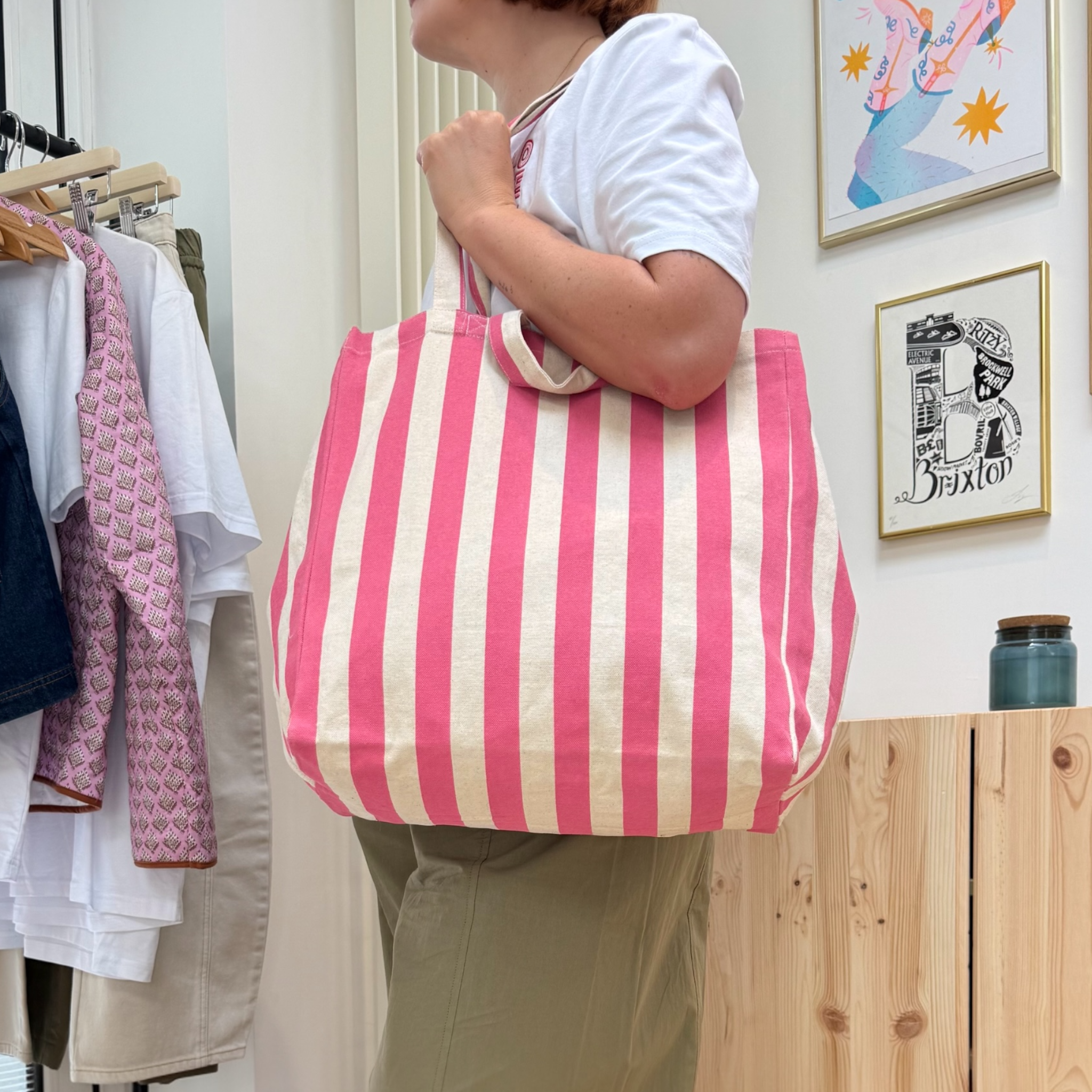 Striped Canvas Tote Bag in Pink or Lilac