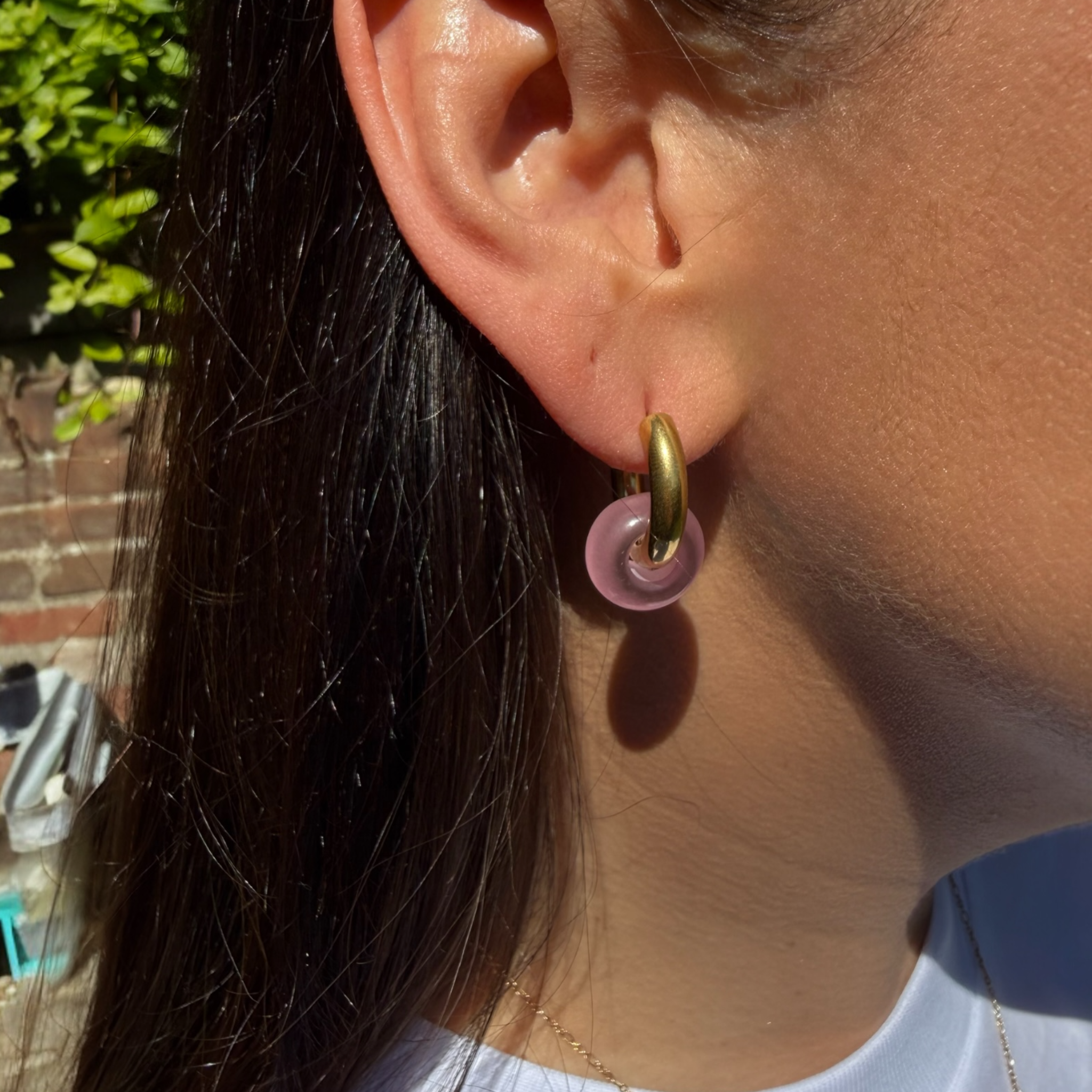 Stone Circle Huggie Earrings in Green or Pink — Gold Plated, Waterproof