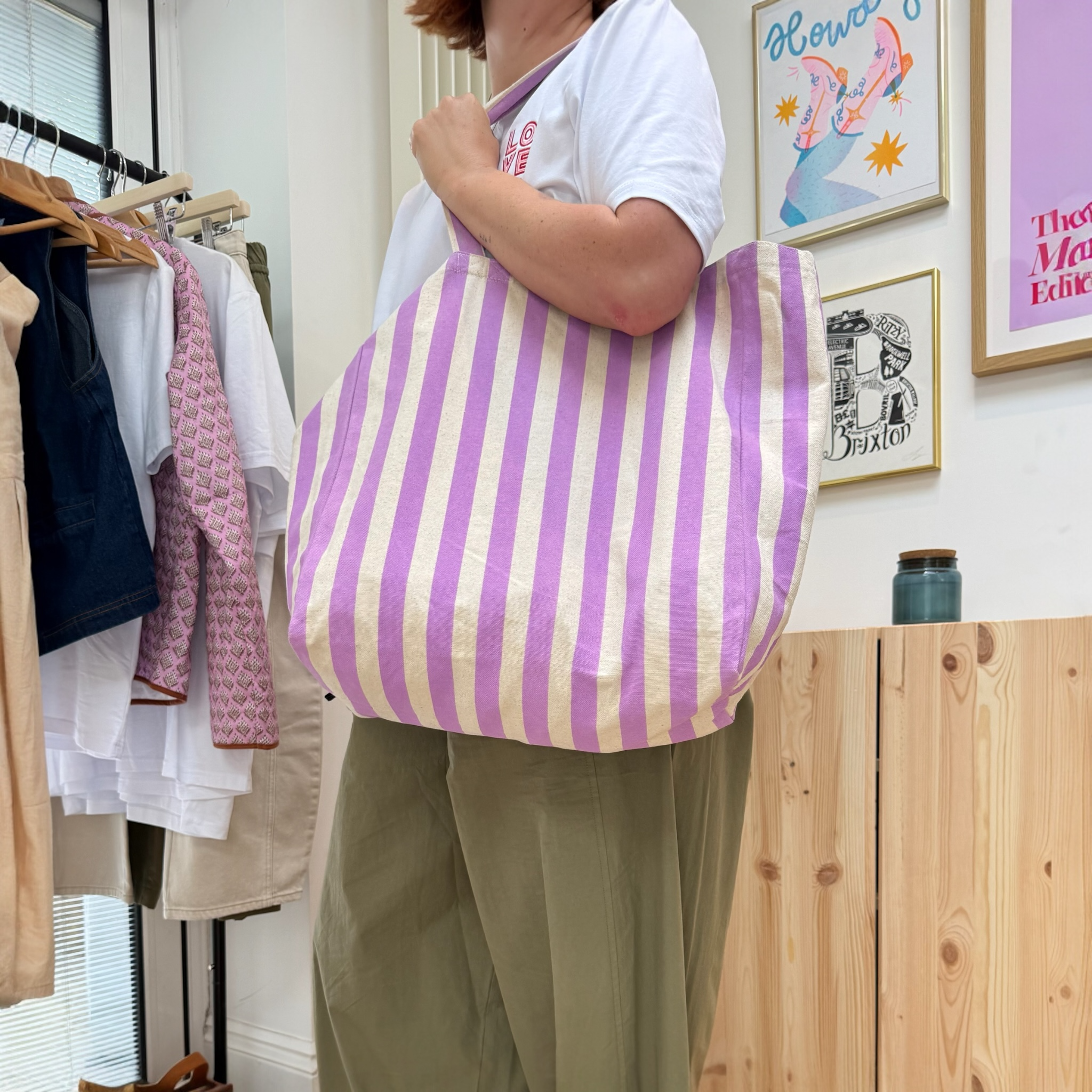 Striped Canvas Tote Bag in Pink or Lilac