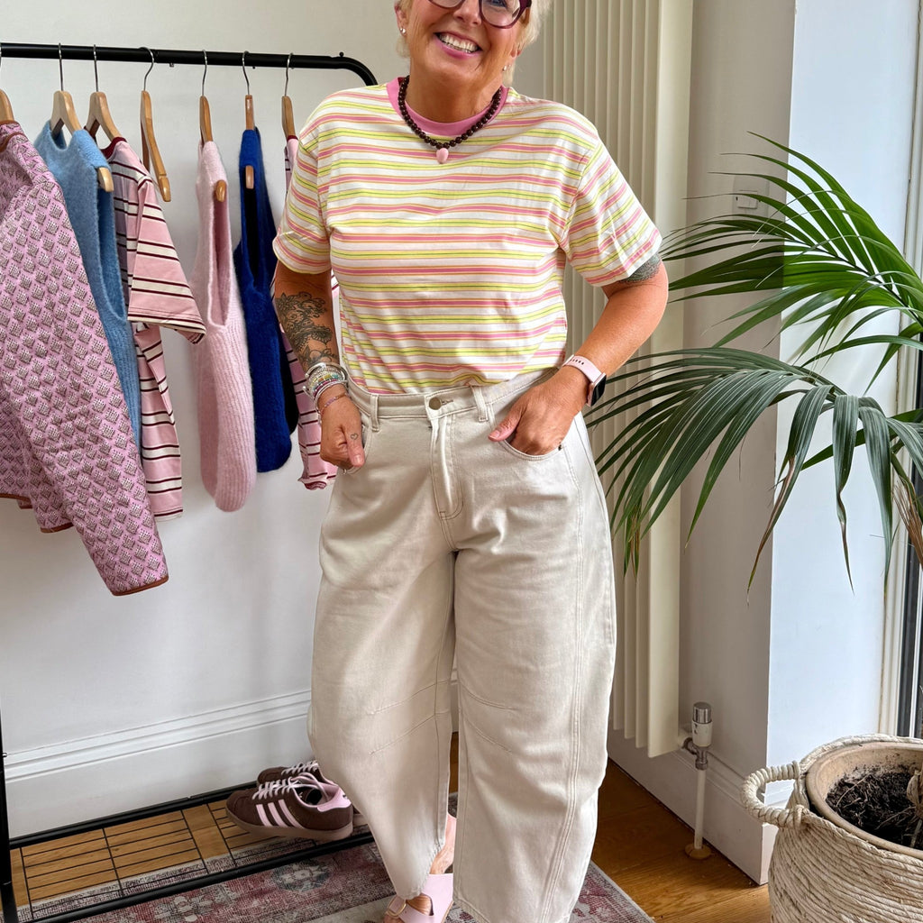 Retro Stripe Cotton T-Shirt in Pink, Lemon & Cream