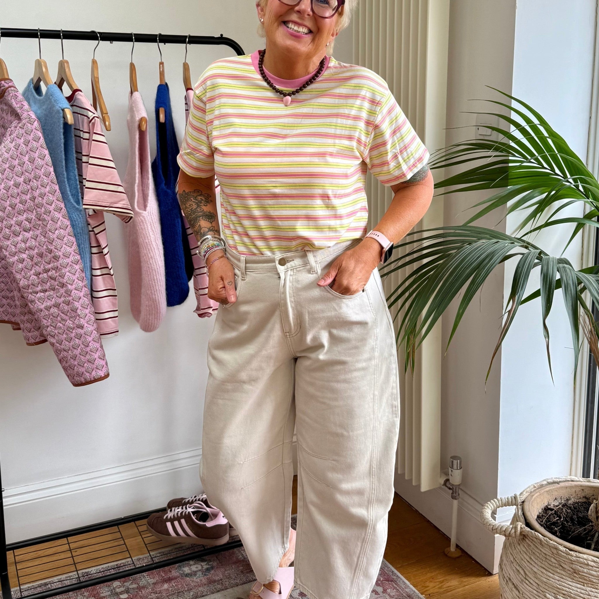 Retro Stripe Cotton T-Shirt in Pink, Lemon & Cream