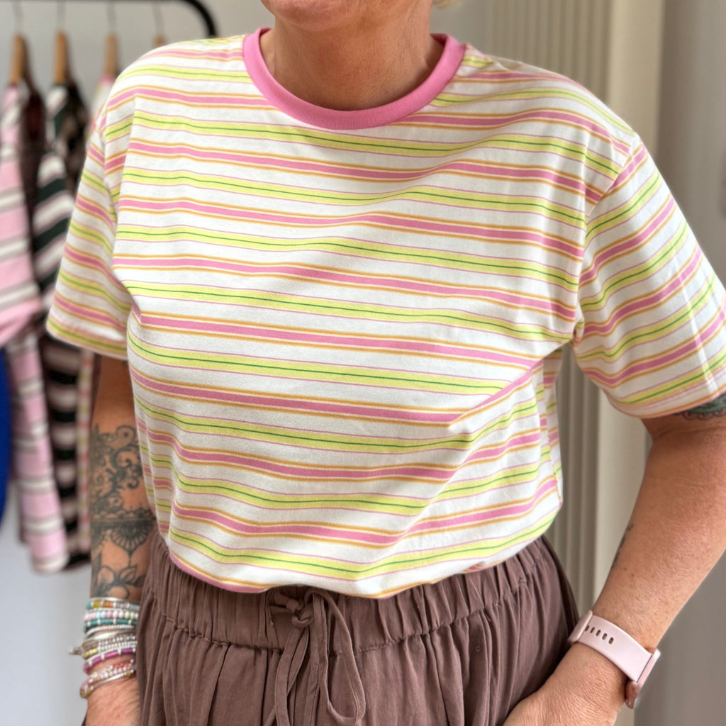 Retro Stripe Cotton T-Shirt in Pink, Lemon & Cream