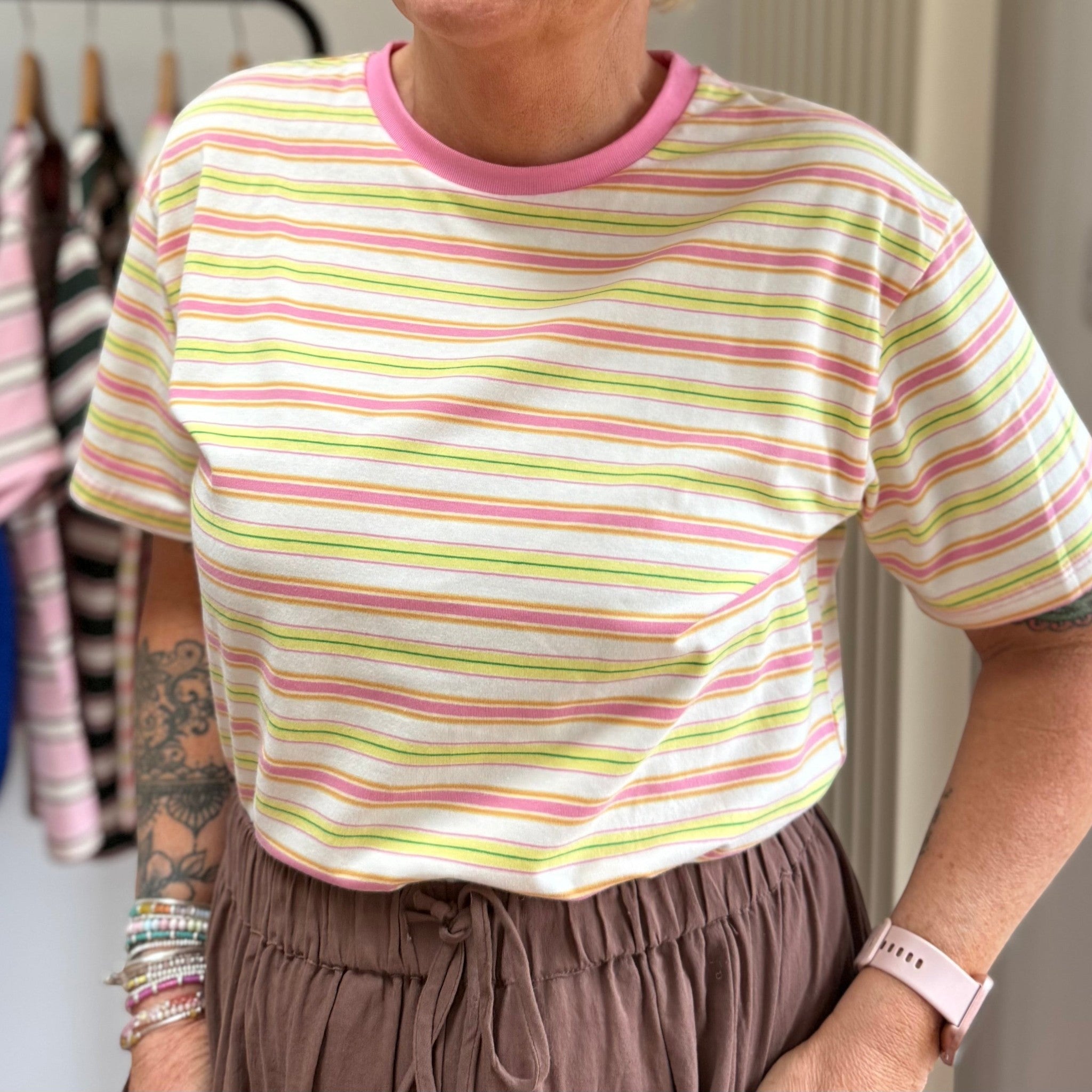 Retro Stripe Cotton T-Shirt in Pink, Lemon & Cream