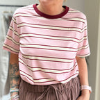 Retro Stripe Cotton T-Shirt in Dusky Pink & Burgundy