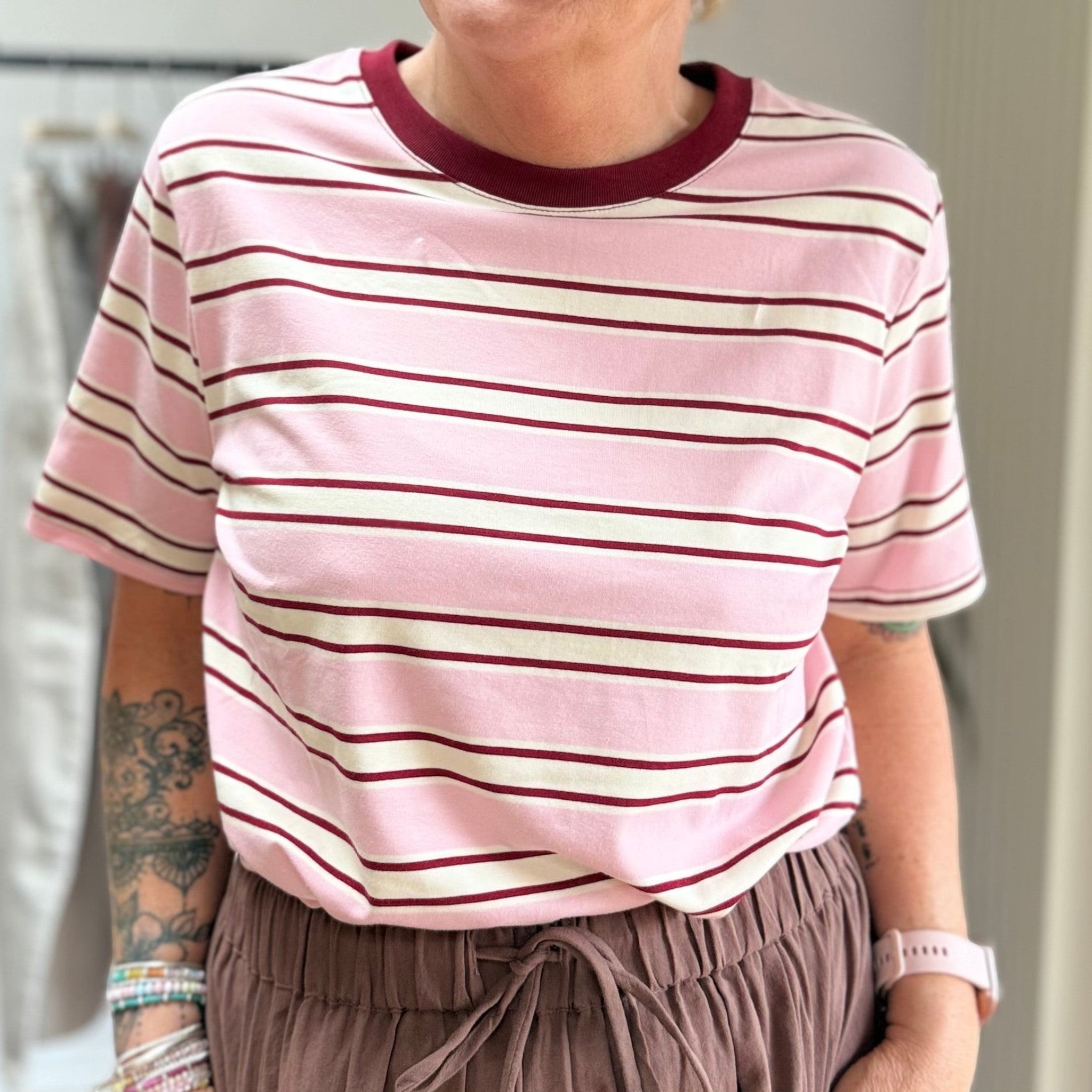 Retro Stripe Cotton T-Shirt in Dusky Pink & Burgundy
