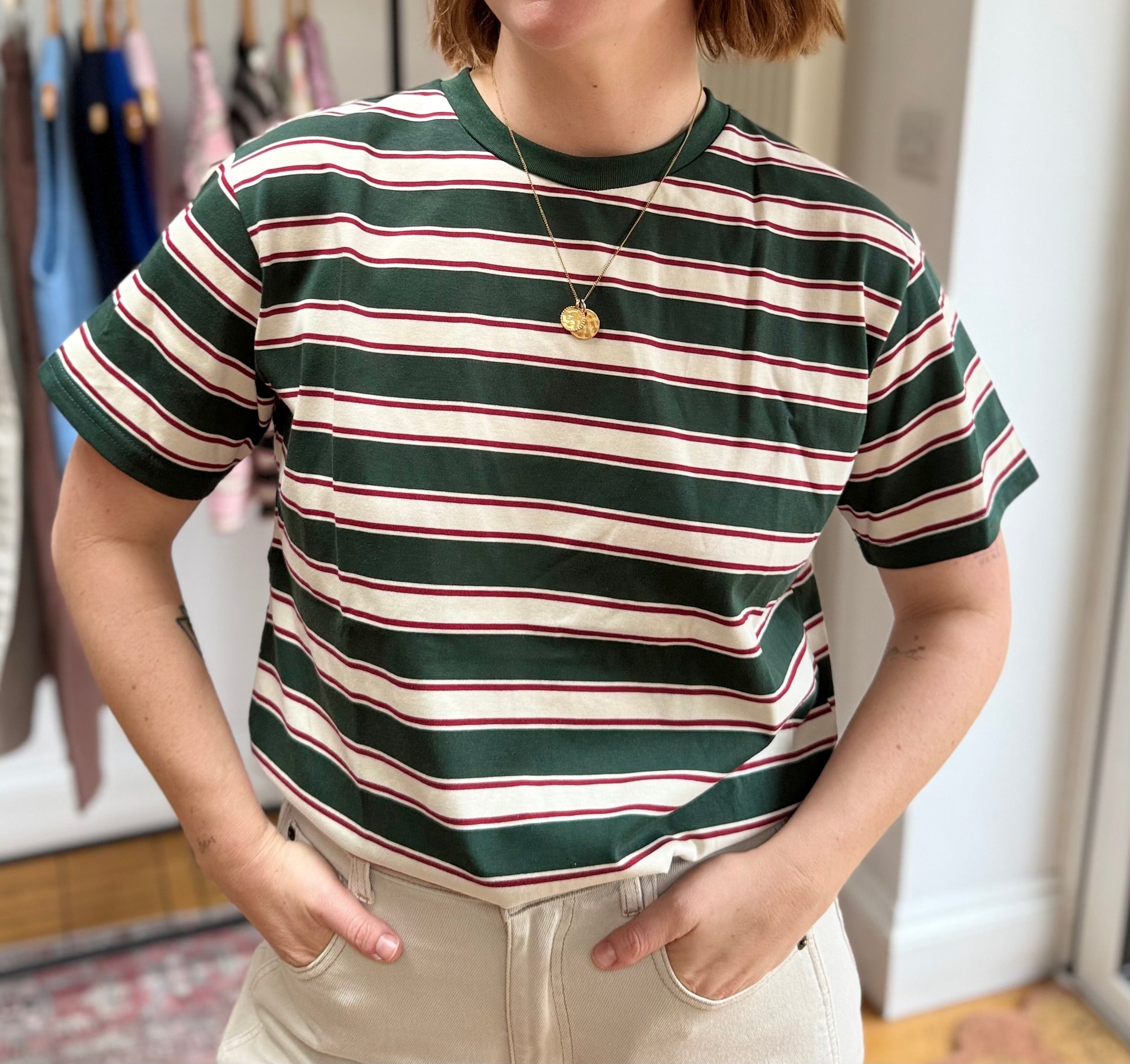 Retro Stripe Cotton T-Shirt in Forest Green & Cream
