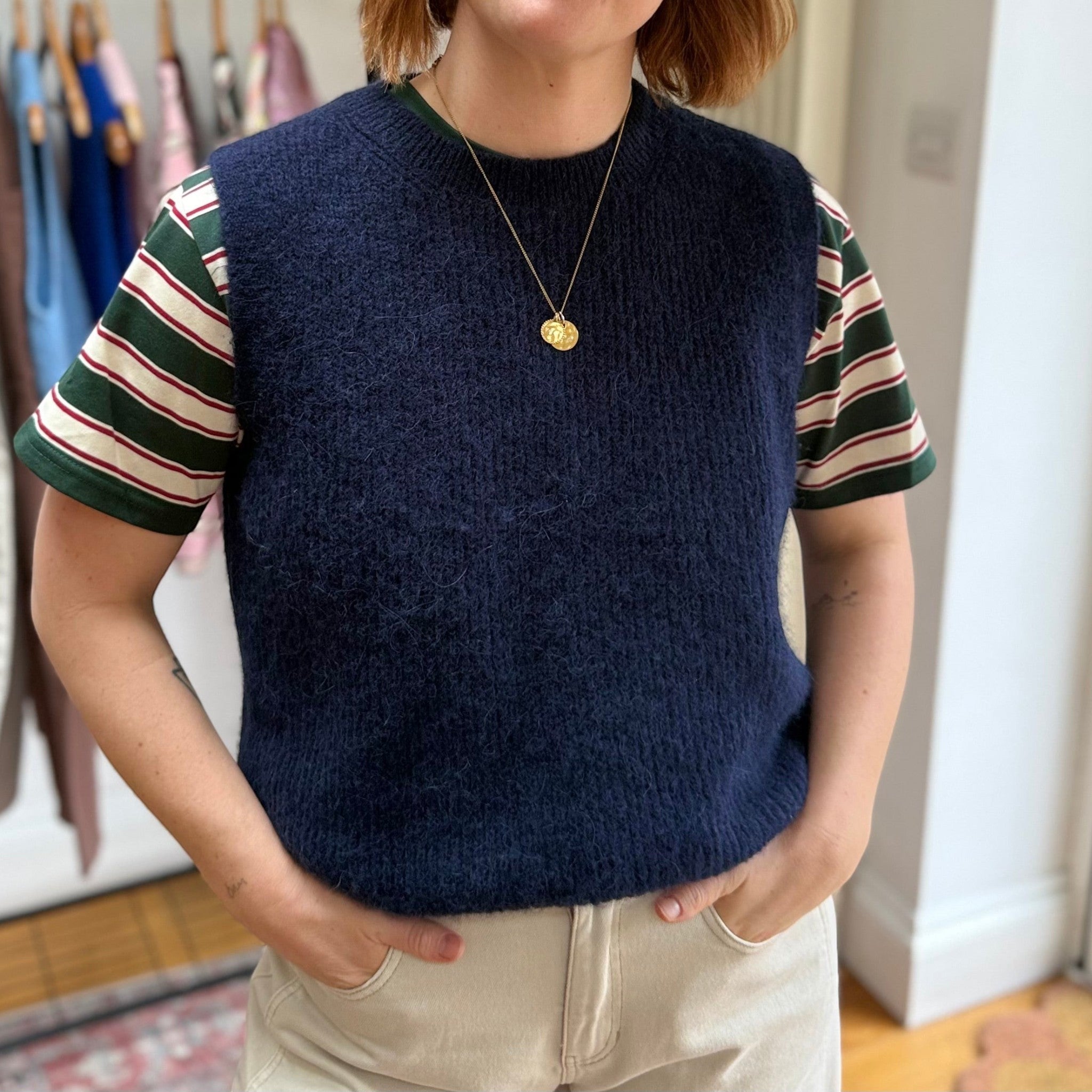 Alpaca Wool Blend Sleeveless Sweater Vest - Royal Navy