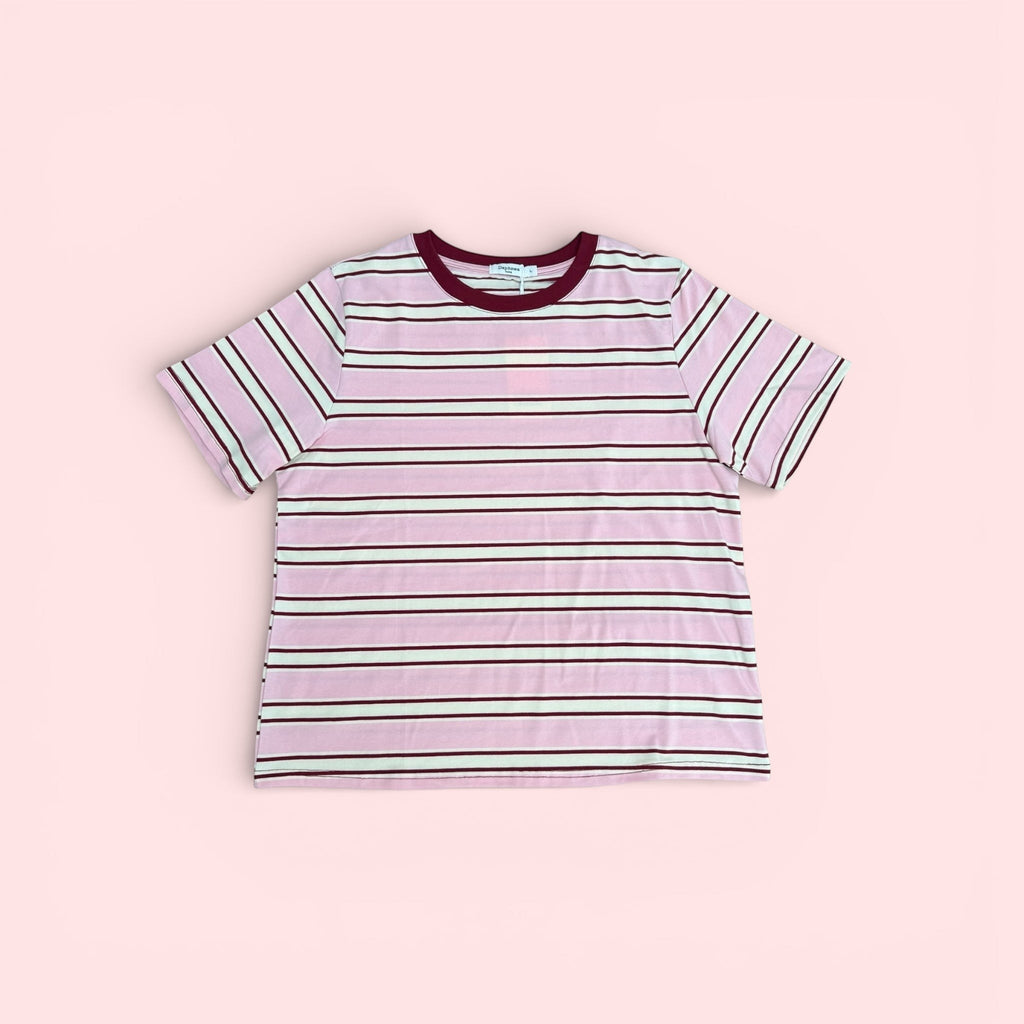 Retro Stripe Cotton T-Shirt in Dusky Pink & Burgundy