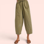 Cotton Barrel Trousers in Olive Green — Sizes S, M, L