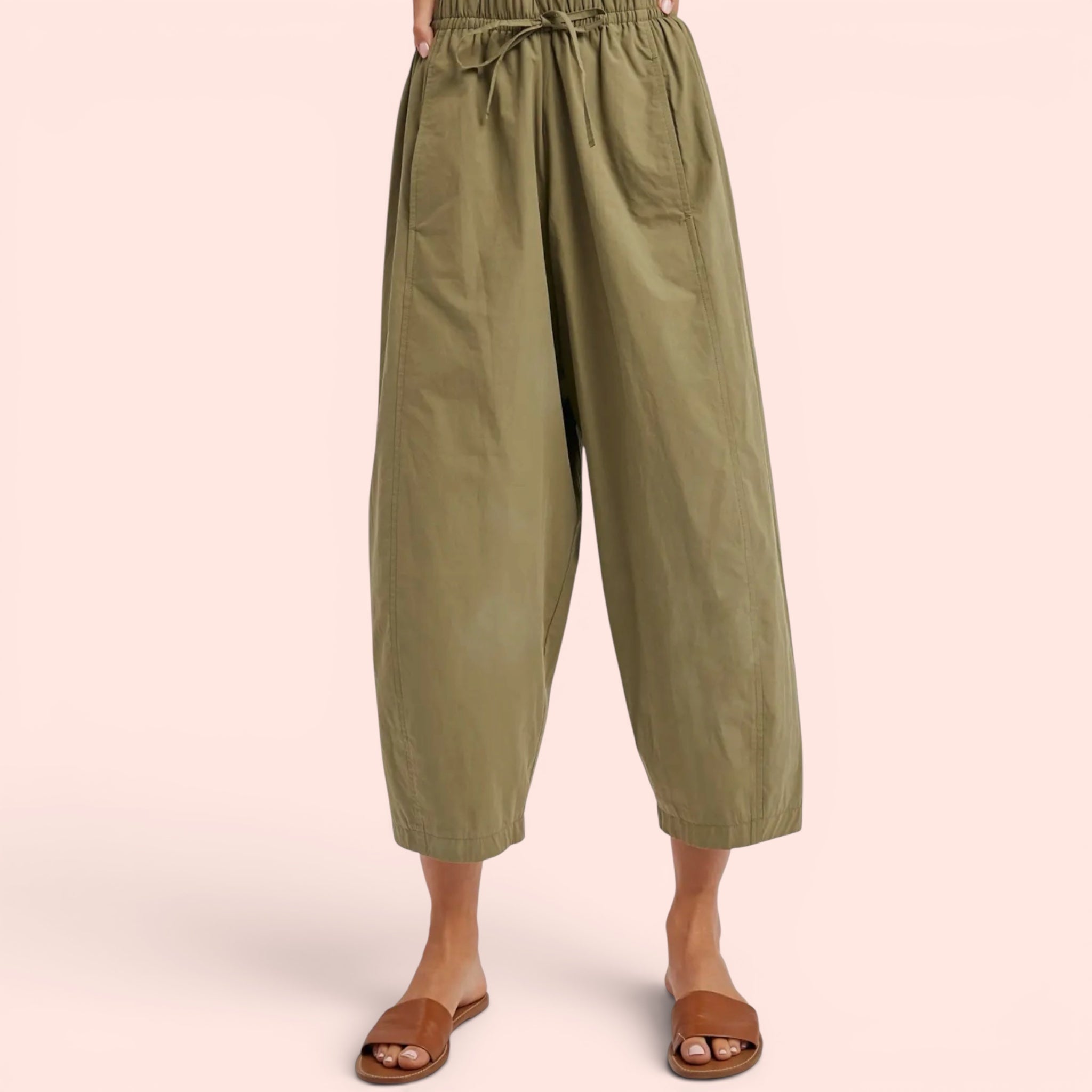 Cotton Barrel Trousers in Olive Green — Sizes S, M, L