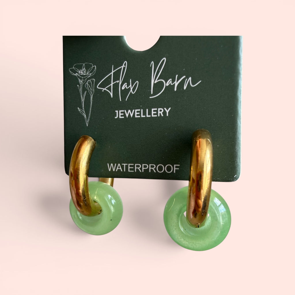 Stone Circle Huggie Earrings in Green or Pink — Gold Plated, Waterproof