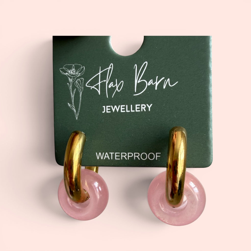 Stone Circle Huggie Earrings in Green or Pink — Gold Plated, Waterproof