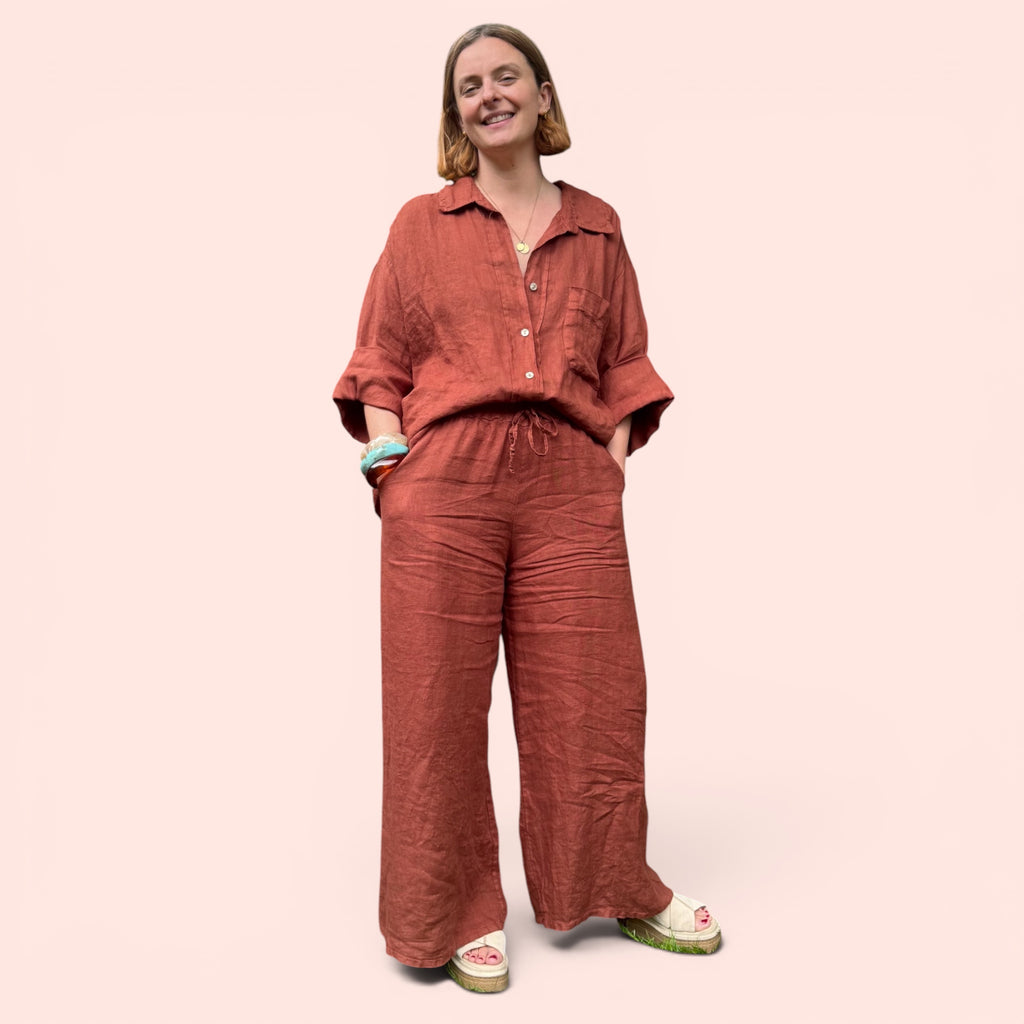 Wide Leg Linen Trousers - Rust or Blush Pink