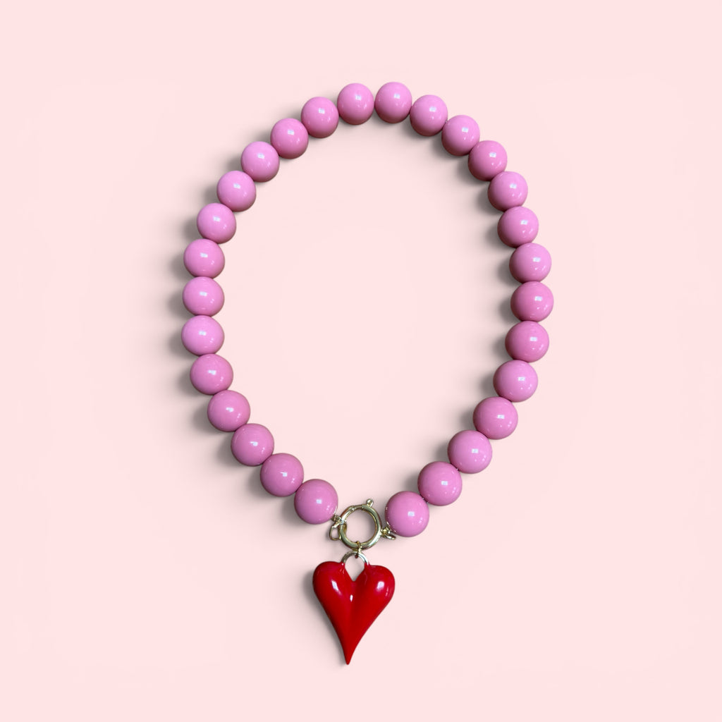 Sweetheart XL Beaded Necklace with red heart charm